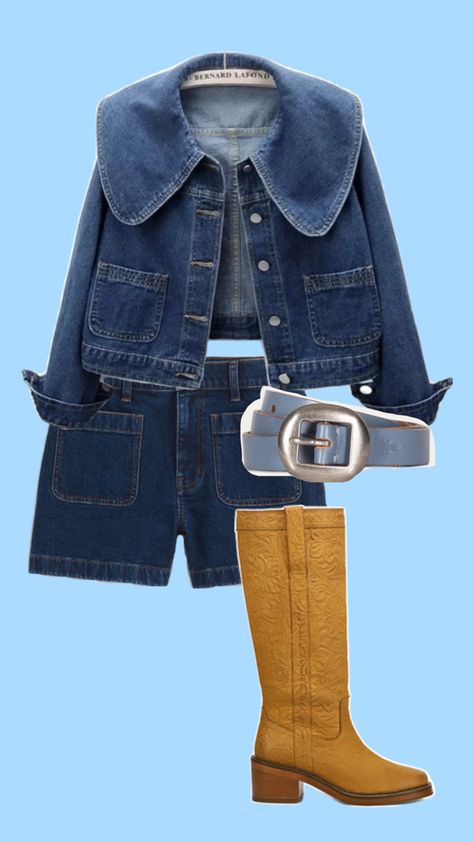 frye boots denim shorts blue belt denim jacket Boots Denim Outfit, Frye Boots Outfit, Fall Transition Outfits, Transition Outfits, Frye Boots, Pull On Boots, Denim Outfit, Boots Outfit, Wardrobe