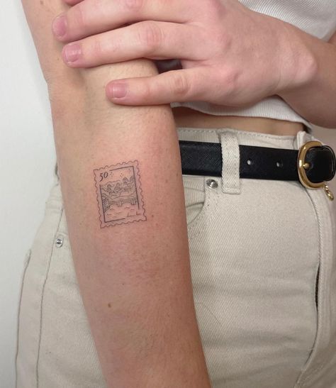 Cute Minimalist Tattoo Ideas, Irish Post Stamp Tattoo, France Stamp Tattoo, Normandy Tattoo, Scotland Inspired Tattoo, Ireland Stamp Tattoo, Study Abroad Tattoo Ideas, London Stamp Tattoo, London Inspired Tattoo