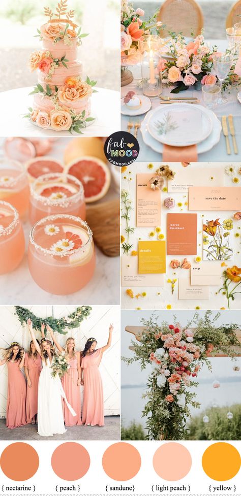 Wedding Dresses In May, Fall Summer Wedding Colors, Wedding Theme Colors Summer Colour Palettes, Coral Wedding Colors Combinations, Sunset Hues Wedding Theme, Peach Colour Wedding Theme, Champagne And Peach Wedding Theme, Salmon Colored Wedding, Bridal Color Schemes Summer