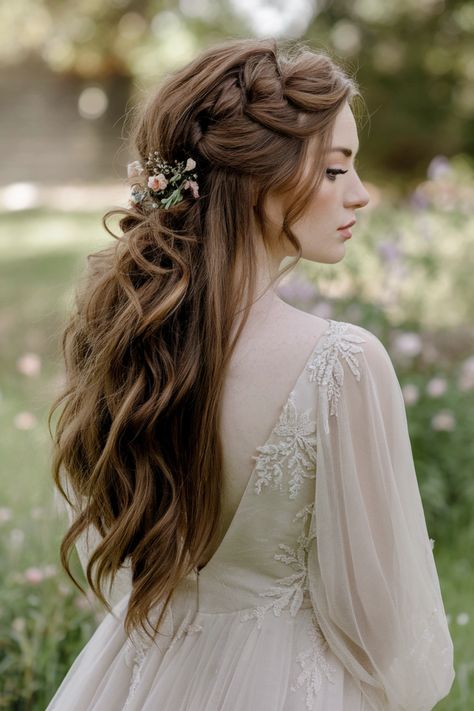 Elevate your bridal style with this enchanting long hair half hairstyle, a dream come true for any bride. The soft, cascading waves framed by delicate tendrils create an effortlessly romantic look that beautifully complements a wedding dress. Enhance your elegance with floral accents or sparkling clips, making your special day even more memorable. Explore this timeless trend among wedding hairstyles and find your unique touch. #weddinghairstyles #bridalhair #romanticwedding Wedding Hairstyles Cottagecore, Fantasy Inspired Wedding Hair, Floral Bride Hair, Cottagecore Bridal Hair, Soft Romantic Curls Wedding, Earthy Wedding Hairstyles, Bridal Hair Fall Wedding, Ethereal Hair Wedding, Fairy Hair Wedding