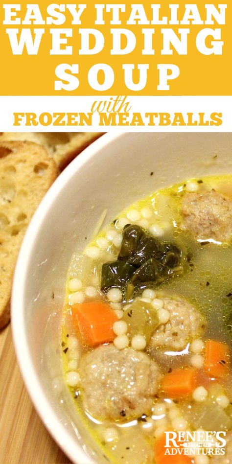 Easy Italian Wedding Soup by Renee's Kitchen Adventures - easy recipe for homemade Italian Wedding Soup made with frozen meatballs and ready in about 30 minutes! Best recipe for a quick soup! Rich chicken broth, veggies, and frozen meatballs make this a great choice for Fall and Winter meals. #soup #homemadesoup #italianweddingsoup #frozenmeatballs Easy Wedding Soup With Frozen Meatballs, Italian Wedding Soup Crock Pot Frozen Meatballs, Italian Wedding Soup Frozen Meatballs, Frozen Meatball Soup, Wedding Soup Meatball Recipe, Soup Wedding, Easy Italian Wedding Soup, Wedding Soup Recipe, Italian Soup Recipes