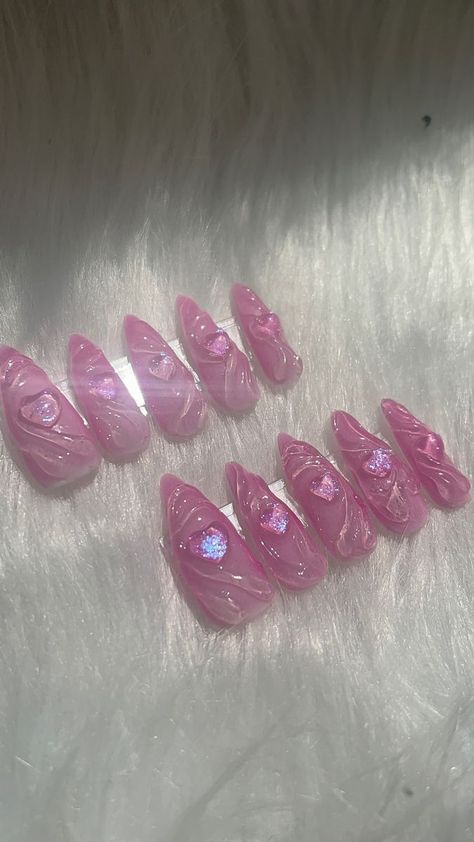 3d Heart Nail Designs, Gel X Press On Nails, Heart Cutout Nails, Pretty Press On Nails, Valentines Nails 3d, Valentines Day Nails 3d, Clear Heart Nails, 3d Valentines Nails, Nails With 3d Hearts