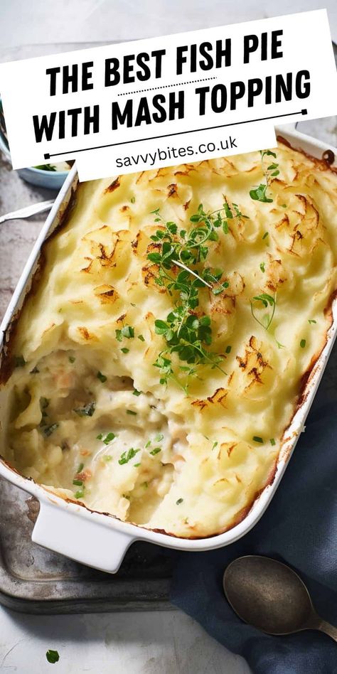 Dig into the ultimate comfort food with this easy and delicious Fish Pie recipe! Creamy fish filling, fluffy mashed potato topping, and a sprinkle of cheddar make this dish a family favorite. Perfect for weeknights or special occasions. Best Fish Pie Recipe, Golden Mashed Potatoes, Creamy Fish Pie, Fish Pie Recipe, Creamy Fish, Fish Salmon, Aldi Recipes, Potato Toppings, Fish Pie