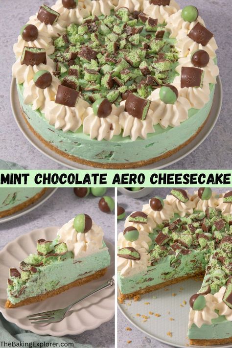 Recipe for Mint Chocolate Aero Cheesecake - a no bake mint cheesecake with Aero chocolate bar pieces and whipped cream. So easy to make! #thebakingexplorer #aero #mintchocolate #nobakecheesecake #mintcheesecake Mint Aero Cheesecake, Aero Cheesecake, Groot Koeke, Milktart Recipe, Guava Desserts, Aero Chocolate, Kids Desserts, Malteser Cake, Cheesecake No Bake