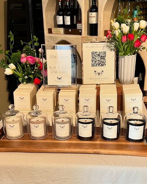 #throwbackthursday to our very first pop-up @winestylesnorwoodpark ! Did you know we started with only 8 ounce candles? Larger candles were introduced a few months later. Swipe to see what our setup looks like now 😍 #throwbackpic #est2023 #firstpopup #flashback #boothdesign #boothsetup #market #candlecompany #chicago Pop Up Table Display, Candle Market Display, Pop Up Table, Pop Up Display, Candle Display, Luxury Candle, Market Displays, Candle Aesthetic, Candle Labels