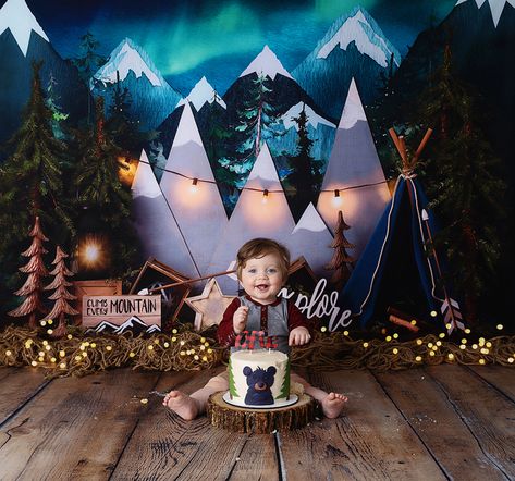 Mountain Theme Cake Smash, One Happy Camper 1st Birthday Photo Shoot, Camping Cake Smash, Camping Smash Cake, One Happy Camper Cake Smash, One Happy Camper Photo Shoot, Cake Smash Theme Boy, Smash Cake Photoshoot Boy, One Happy Camper Smash Cake