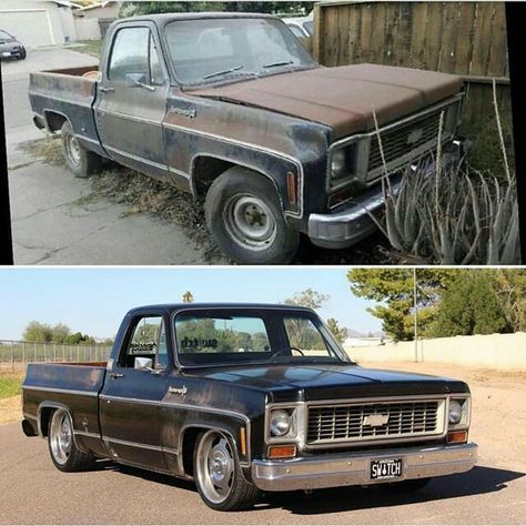 1973 Chevy C10 truck before & after photos. 1973 Chevy Truck, Old Chevrolet, 87 Chevy Truck, Bagged Trucks, Sport Truck, Chevrolet Truck, Lowered Trucks, C10 Chevy Truck, C10 Trucks