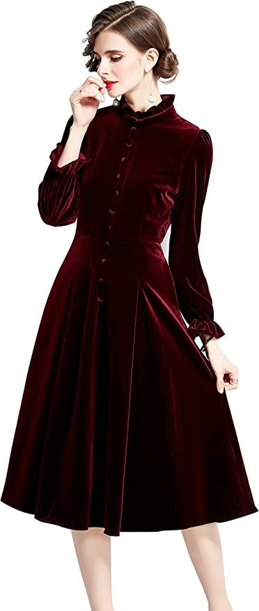 Women's Long Sleeves Velvet Button Up Swing Midi Pockets Dress Black at Amazon Women’s Clothing store Vintage Velvet Dress, Court Dresses, Long Sleeve Velvet Dress, Red Velvet Dress, Vintage Style Dresses, Slim Dresses, Evening Party Dress, Long Sleeve Midi Dress, Evening Attire