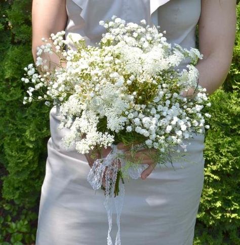 Rustic "All White" Wedding Bouquet Featuring: Gypsophila (Baby's Breath), Queen Anne's Lace, Waxflower Queen Annes Lace Bouquet, All White Wedding Bouquet, Lace Bouquet, All White Wedding, Babies Breath, Queen Anne's Lace, White Wedding Bouquets, June Wedding, Queen Annes Lace