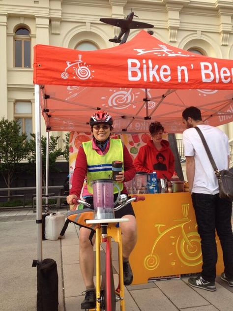 Bike powered smoothies from @Leena Saarinen van Raay Smoothie Bike, Power Smoothie, Smoothie Bar, Bicycle Shop, Coffee Shop Interior Design, Workout Music, Pedal Power, Coffee Shops Interior, Music Event