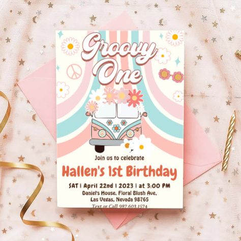 $3.5 | Groovy One Retro Daisy Rainbow First Birthday - retro, daisy, boho, pink, floral, hippie, rainbow, pastel, birthday, groovy one Daisy Invitations, Two Groovy, Rainbow First Birthday, Rainbow Birthday Invitations, Pastel Birthday, Retro Daisy, 2nd Birthday Invitations, Rainbow Pastel, Retro Birthday