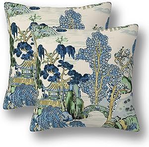 Churent Chinoiserie Pillow Covers 18 x 18 Set of 2 Asian Scenic Linen Throw Pillow Cover Vintage Blue and Green Farmhouse Decorative Pillowcases for Living Room Couch Bed Sofa Outdoor Chinoiserie Farmhouse, Chinoiserie Pillow Covers, Chinoiserie Pillow, Green Pillow Covers, Chinoiserie Blue, Green Throw, Green Throw Pillows, Garden Pillows, Home Sofa