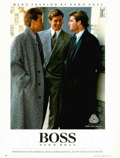 Hugo Boss - 1985 Fall/Winter - Database & Blog about classic and stylish male imagery Yuppie Fashion, 80s Fashion Men, Men In Suits, Grey Suits, Mens 80s, Fashion 1980s, Fashion Hippie, American Hustle, 80s Men