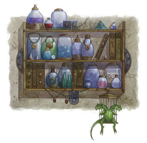 Awesome potions shelf (drawing by Wayne England) Potions Drawing, Potions Shelf, Dragon Potion, Potion Shelf, Shelf Drawing, Props Concept, Props Art, Fantasy Props, Witch Art