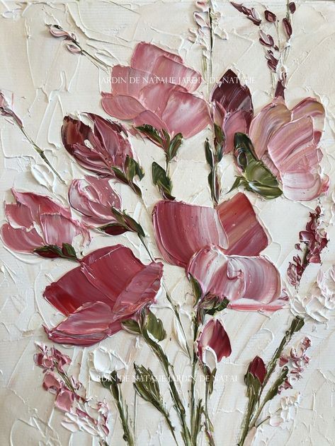 Pink Flowers Aesthetic Painting, Different Canvas Sizes, Pink Flower Painting Wallpaper, Simple Abstract Flower Painting, Pink Art Aesthetic Painting, Pink Flowers Painting Acrylic, Flower Oil Painting Abstract, Modern Acrylic Painting Ideas, Textured Canvas Art Flowers