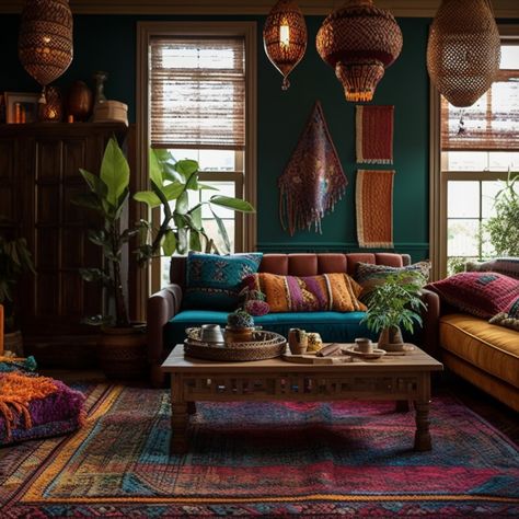 bohemian,mediterranean,living,room,turkish,rugs,moroccan,lanterns,colorful,textiles,creating,vibrant,eclectic,space,3d render,3d rendering,room,interior,living room,apartment,luxury,architecture,decor,contemporary,chair,table,wall,house,rug,television,bookshelf,curtains,sofa,lamp,generative ai,generative,ai Boho Moroccan Living Room, Jewel Tone Living Room, Turkish Living Room, Mediterranean Living Room, Modern Living Room Ideas, Moroccan Room, Inviting Living Room, Statement Light Fixture, Bedroom Colour