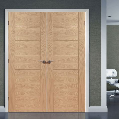 Simpli Double Door Set, Palermo Oak Flush Door - Panelled Effect - Prefinished. #simplidoorset #oakdoors #moderndoors Double Door Handles, Internal Double Doors, Flush Door, Contemporary Doors, Flush Doors, Door Kits, White Doors, Door Sets, Chrome Handles