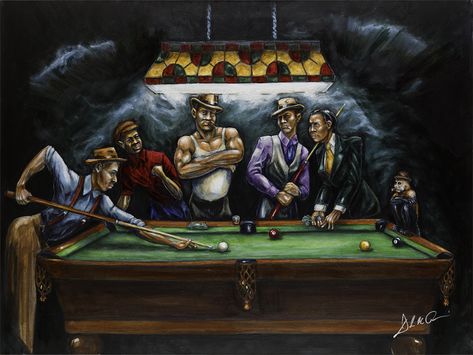 Big shot by Artist: Daryl Price. Daryl is a self-taught painter  who turned to art when he became disabled.  I wandered Into a gallery one day, Daryl was painting, and he kindly shared a number of tips on how to achieve depth with layers. I have used those tips ever since. :) ~ Cyd Billiards Wall Art, Pool Table Art, Pool Table Painting, Billiard Room Ideas Interior Design, Billards Art, Pool Room Decor, Billards Room, Billiards Room Decor, Pool Table Room