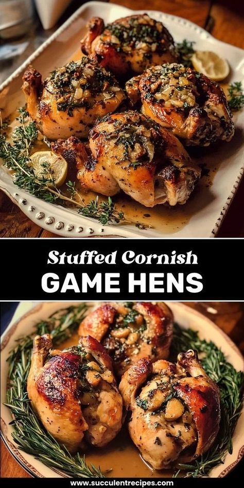 Impress your guests with this Elegant Stuffed Cornish Game Hens recipe! These tender, flavorful hens are perfectly stuffed and roasted to perfection. Cornish Game Hen Recipes, Cornish Game Hens, Game Hens, Cornish Game Hen, Game Hen, Diy Snacks, Holiday Feast, Recipe Boards, Aromatic Herbs