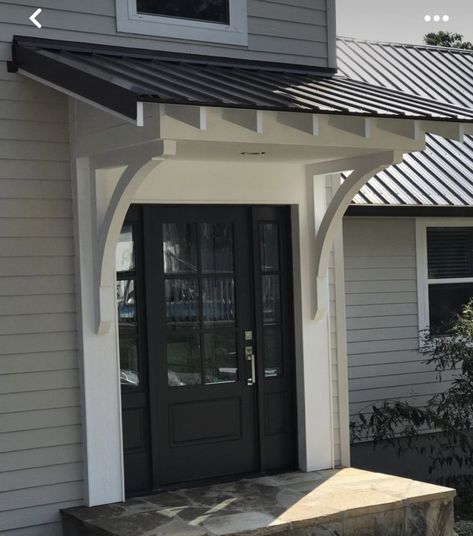 Front Overhang Entrance, Overhang For Garage Door, Farmhouse Portico Entry, House Awnings Front Door, Arbor Over Front Door Entrance, Front Door Peaked Roof, Front Door Roof Overhang Entrance, Shed Portico, Awning Over Front Door Entrance