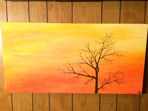 Orange and yellow sunset painting with leafless tree Orange Color Painting, Yellow Sunset Painting, Orange Painting Ideas, Leafless Tree, Autumn Activity, Drawing Sunset, Meaningful Paintings, Yellow Sunset, Orange Painting