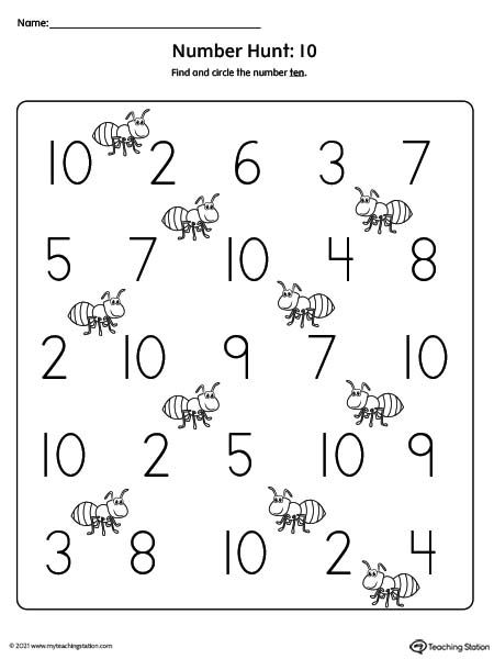 Number ten hunt printable worksheet for kids. Number Hunt Preschool, Number Hunt Worksheet, Number 10 Worksheet Preschool, Number 10 Worksheet, Number Recognition Preschool, Preschool Math Curriculum, Number Recognition Worksheets, Number Zero, English Activities For Kids