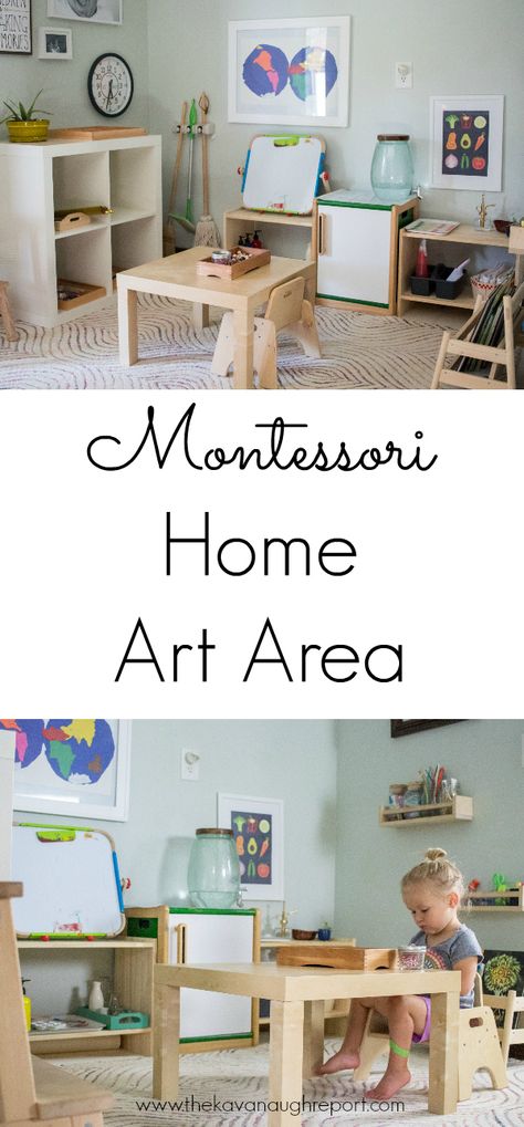 Montessori home art area. Ideas and inspiration for incorporating art into your home. Camera Montessori, Playroom Montessori, Montessori Home, Montessori House, Montessori Bedroom, Montessori Playroom, Baby Playroom, Montessori Room, Montessori Art