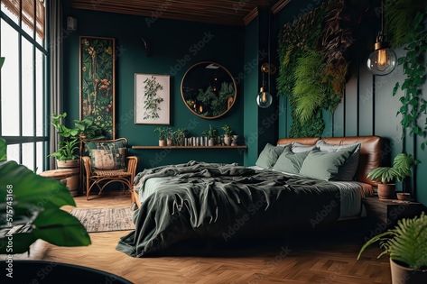 Green Room Ideas Bedroom, Dark Green Rooms, Classy Bedroom Decor, Bedroom Decor Dark, Preppy Bedroom Decor, Plants Photo, Feature Wall Bedroom, Dark Green Walls, Rattan Wood