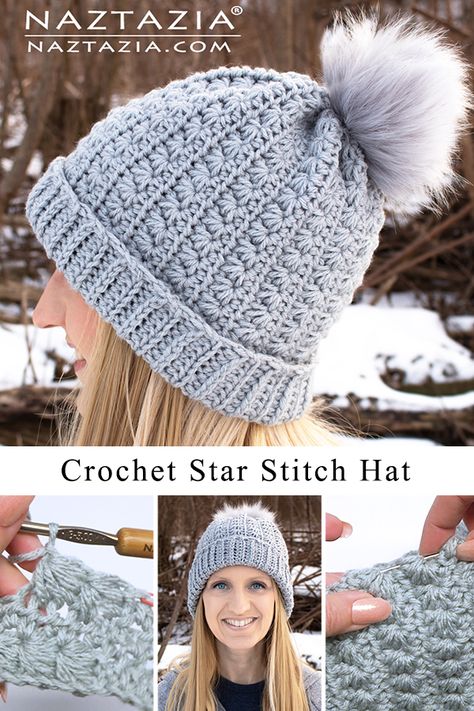 How to Crochet the Star Stitch Hat - Naztazia ® Crochet Star Stitch, Hats Pattern, Stitch Hat, Crochet Winter Hats, Easy Crochet Hat, Crochet Star, Crochet Hat Patterns, Crochet Knit Hat, Crochet Beanies