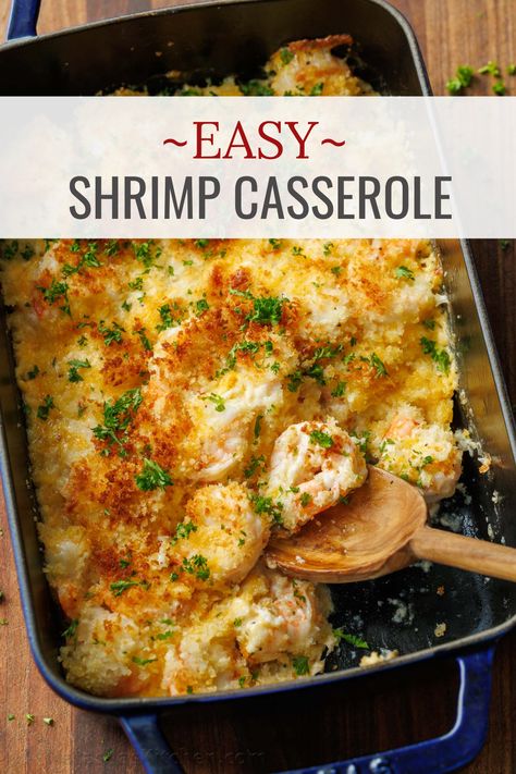 In our Shrimp Casserole recipe, we top a cheesy and creamy shrimp with crunchy bread crumbs that bake up perfectly in the oven. This 30-minute meal is perfect for a holiday table, but easy enough for a weeknight dinner. Shrimp And Broccoli Casserole, Leftover Shrimp Recipes Ideas, Shrimp Bake Recipes, Canned Shrimp Recipes, Shrimp Baked In Oven, Shrimp Casserole Recipes Easy, Shrimp Breakfast, Recipes For Dinner Casserole, Shrimp And Rice Casserole