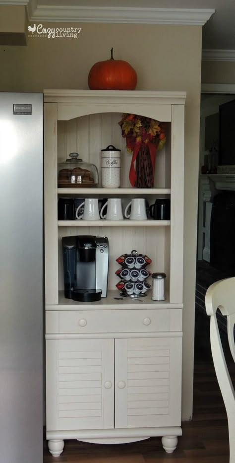 Create your Own Cozy Coffee Bar or Coffee Nook using a shelf!  Perfect for the upcoming Holidays! Bookshelf Coffee Bar, Cozy Coffee Bar, Coffee Hutch, White Hutch, Coffee Station Ideas, Swivel Tv Stand, Diy Coffee Bar, Swivel Tv, Coffee Bar Design