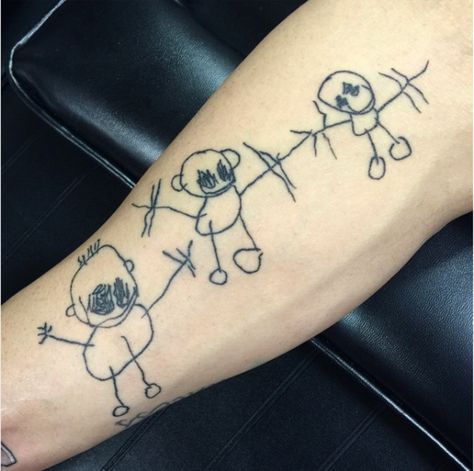 Adorable ideas for tattoos if you have kids -- get their artwork inked on you! #TattooIdeas #Moms Kid Drawing Tattoo, Stick Figure Tattoo, Luke Tattoo, Stick On Tattoos, Clipped Wings, Twin Tattoos, Dna Tattoo, Mothers Of Boys, Kid Drawing