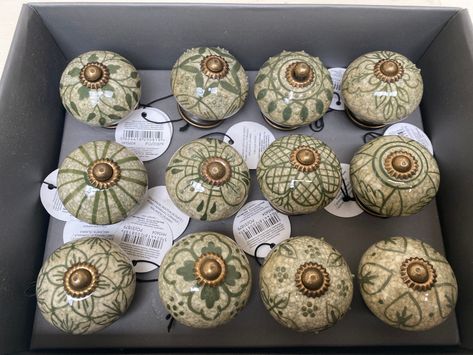 Price of £4.50 is per knob ( You do not get all 12 knobs for £4.50 ) Vintage Style Green Doorknobs - 12 Varieties - Sold individually Antique brass style metal fittings - screw attached with nut A mix of ceramic doorknobs in an array of patterns to choose from Please choose from the drop down menu which design / pattern knob you would like and how many . The number that comes up in the drop down menu is the amount of that particular pattern / design that i currently have in stock. Patterns are f Nordic Chic, Ceramic Door Knobs, Furniture Dimensions, Photo Pattern, Furniture Knobs, Ceramic Knobs, Door Cabinet, Green Ceramics, Knobs And Handles