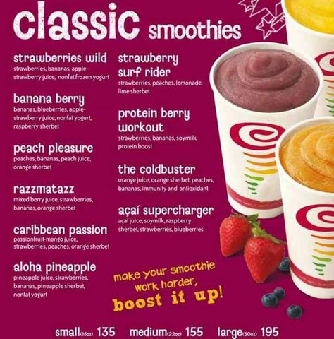 Jamba Juice Classic Smoothies Jamba Juice Recipes, Protien Smoothies Recipes, Jamba Juice Smoothies, Peach Smoothie Recipes, Breakfast Protein, Juice Smoothies Recipes, Jamba Juice, Healthy Smoothie Recipes, Detox Smoothie Recipes