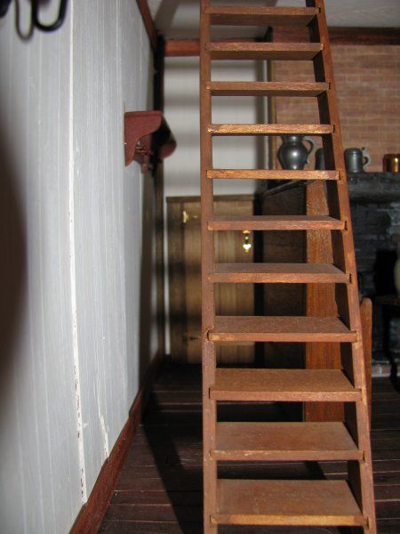 Colonial House–Furnishings – Jenn's Mini Worlds: A Dollhouse Miniaturist's Blog Mini Stairs, Colonial Dollhouse, Colonial Windows, Ladderback Chairs, Dollhouse Door, Colonial Furniture, Ladder Back Chairs, Tiny World, Colonial House