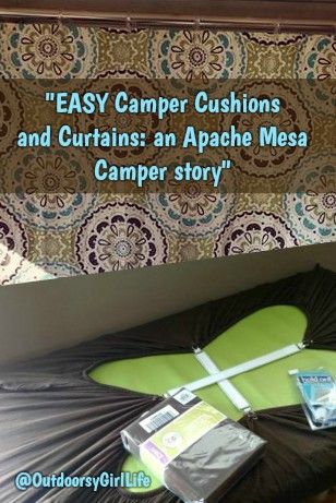 EASY Camper Cushion covers and Curtains! We use these in our 1974 #Apache Mesa #camper, and they work great! Follow me on Facebook at @outdoorsygirllife Popup Camper Curtains, Rv Cushion Covers Diy, Camper Trailer Organization, Camper Cushion Covers, Camper Food, Apache Camper, Scamp Camper, Caravan Inspiration, Camper Renovations