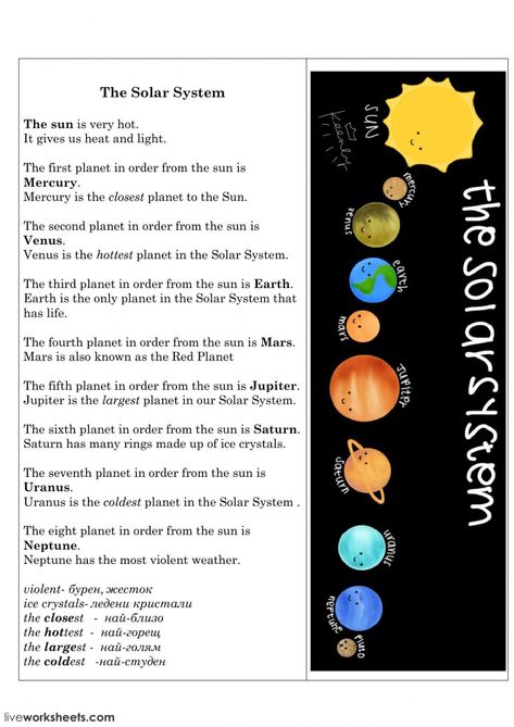 The Solar System interactive and downloadable worksheet. You can do the exercises online or download the worksheet as pdf. Space Circle Time, Solar System Notes, What Is Solar System, Astronomy Notes, Solar System Project Ideas, Solar System Chart, Solar System Information, Fun Science Worksheets, Solar System Activity