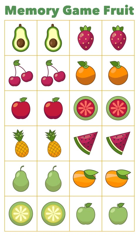 Food Games For Kids, Healthy Food Activities For Preschool, Game Fruit, Memory Activities, Printable Games For Kids, Memory Match Game, Fruits For Kids, Memory Games For Kids, Matching Pairs