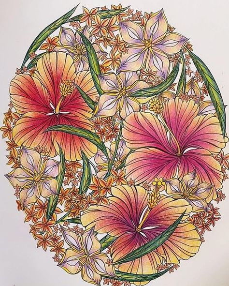 Flowerscape Coloring Book on Instagram: “Loving this piece and when a the flowers bring back a sweet memory. @storms_colours recalls hibiscus in her grandparents home ✨💕🌸✨” Maggie Enterrios Flowerscape, Flowerscape In Paradise, Flowerscape Coloring Book Finished Pages, Flowerscape Coloring, Maggie Enterrios, Leila Duly, Kerby Rosanes, Coloring Inspiration, Colored Flowers