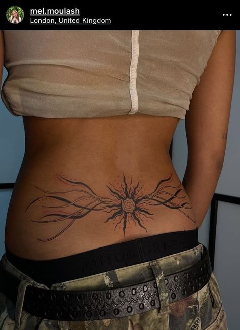 Back Tattoo Women Tramp Stamp, Tree Tramp Stamp, Modern Lower Back Tattoo, Tramp Stamp Ideas Classy, Traditional Style Tramp Stamp, Feminine Tramp Stamps, Fairy Tramp Stamp Tattoo, Plant Tramp Stamp, Sun And Moon Tramp Stamp