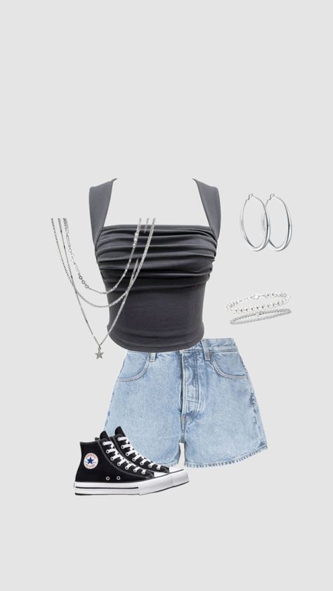 school outfit, grey outfit, denim shorts, grey tank top, summer outfit, hot outfit, silver necklace, silver bracelet, silver earrings, silver hoops #outfitinspo #outfit Earrings Silver Hoops, Outfit Grey, Outfit Denim, Grey Outfit, Grey Tank Top, Gray Tank, Top Summer, Hot Outfits, Bracelet Silver