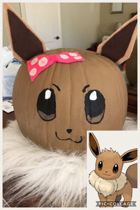 Pumpkin painted as Pokémon Eevee Pokemon Pumpkin, Book Character Pumpkins, Story Book Pumpkin, Pokémon Eevee, Pumpkin Painted, Pokemon Decor, Halloween Pumpkin Crafts, Creative Pumpkin Painting, Creative Pumpkin Decorating