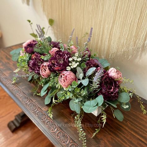 28 Long Purple Floral Arrangement Burgundy Floral Arrangement Dining Table Floral Arrangement Wedding Flowers Wedding Centerpiece - Etsy Long Floral Arrangement For Table, Burgundy Flower Arrangements, Centerpiece For Dining Room Table, Moms 70th Birthday, Floral Table Centerpieces, Floral Arrangement Wedding, Table Floral Arrangements, Winchester Va, Flower Centerpieces Wedding