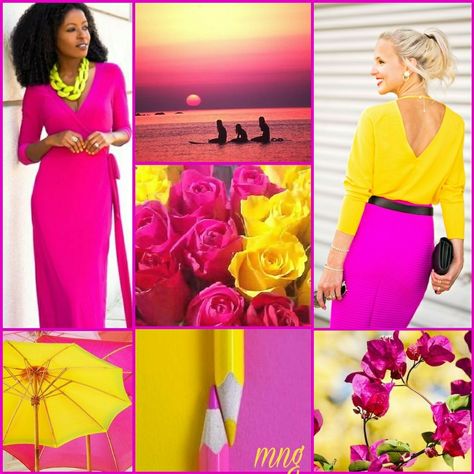 Pink Color Combination, Play Structures, Color Blocking Outfits, Color Pallete, Pink Peacock, Leather Product, Colors Palette, White Cottage, Yellow Outfit