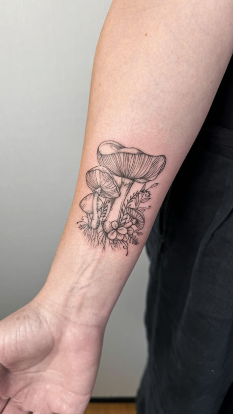 Fine line tattoo of Mashrooms. So detailed and cool looking!  #mushroomstattoo #sanfranciscotattoo #armtattoo Fine Line Mushroom Tattoo, Mushrooms Tattoo, Chinese Symbol Tattoos, Mushroom Tattoo, Flash Designs, Mushroom Tattoos, Flash Design, Female Tattoo Artists, Symbol Tattoos