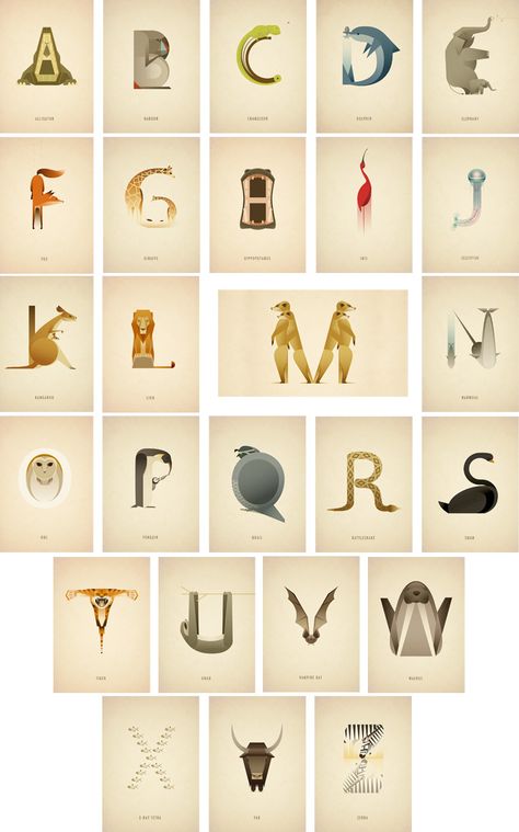 London-based illustrator Marcus Reed developed this clever typography series in which animals look like the 26 letters of the alphabet. Whimsical Alphabet, Animal Typography, Clever Animals, Typography Alphabet, Beautiful Typography, Creative Typography, Alphabet Book, Alphabet Art, Animal Alphabet