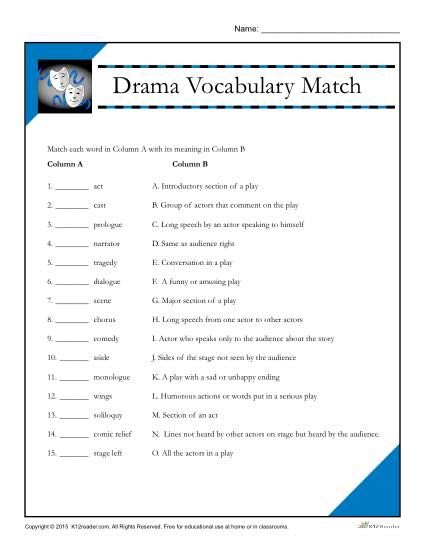 Printable Drama Vocabulary Match Worksheet. This is a fun way to teach vocabulary in the classroom and at home. “Drama Vocabulary Match” is ideal for grades 3 and 4. Drama Worksheets, Drama Vocabulary, Drama Terms, Match Worksheet, Middle School Drama, Dictionary Skills, Elements Of Drama, Drama Activities, Teaching Theatre