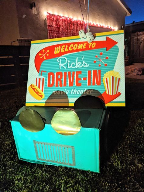 Drive-in movie party decor, DIY cardboard cars, fun kids party decor, retro party decor, 75th birthday ideas Diy Backyard Movie Night, Drive In Movie Theater, Movie Birthday Party, Backyard Movie Nights, Sock Hop, Backyard Movie, Movie Birthday, Movie Party, Movie Themes