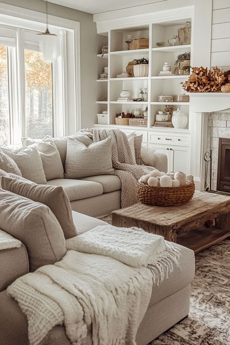 Create a cozy Thanksgiving living room by layering textures like blankets, pillows, and natural accents for a warm, inviting space. #ThanksgivingLivingRoom #CozyDecor