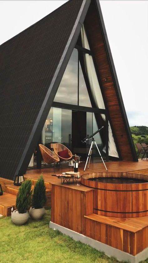 A-Frame cabin escape, who needs this hot tub and view? in 2022 | Tiny house exterior, A frame house plans, Architectural design house plans A Frame Cabin Plans, Triangle House, Tiny House Exterior, A Frame Cabins, A Frame House Plans, Back Porch Ideas Covered, Architectural Design House Plans, Free Woodworking Plans, A Frame Cabin